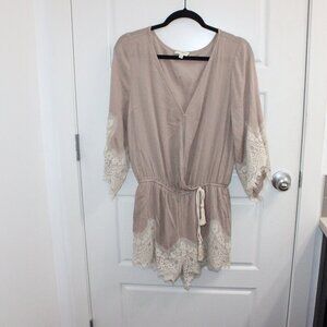 Umgee USA Romper Lace Trim and Tassel Tie Tan and Cream Size Medium